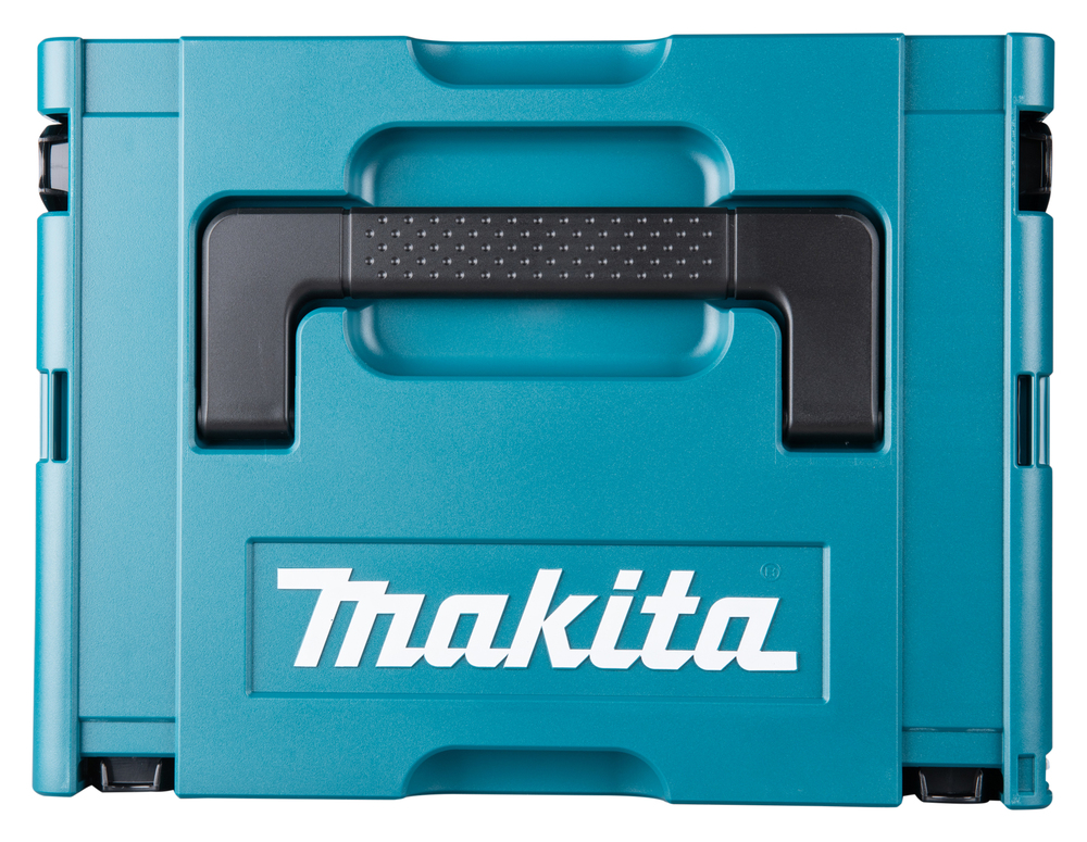 Pildil on sinine Makita tööriistakohver, millel on must käepide ja valge Makita logo.