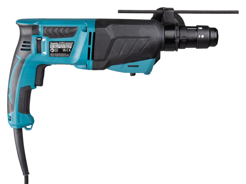 Pildil on Makita puurvasar HR2630TJ, millel on sinine ja must korpus, küljel on silt, ning näha on ka puurimissüsteem.