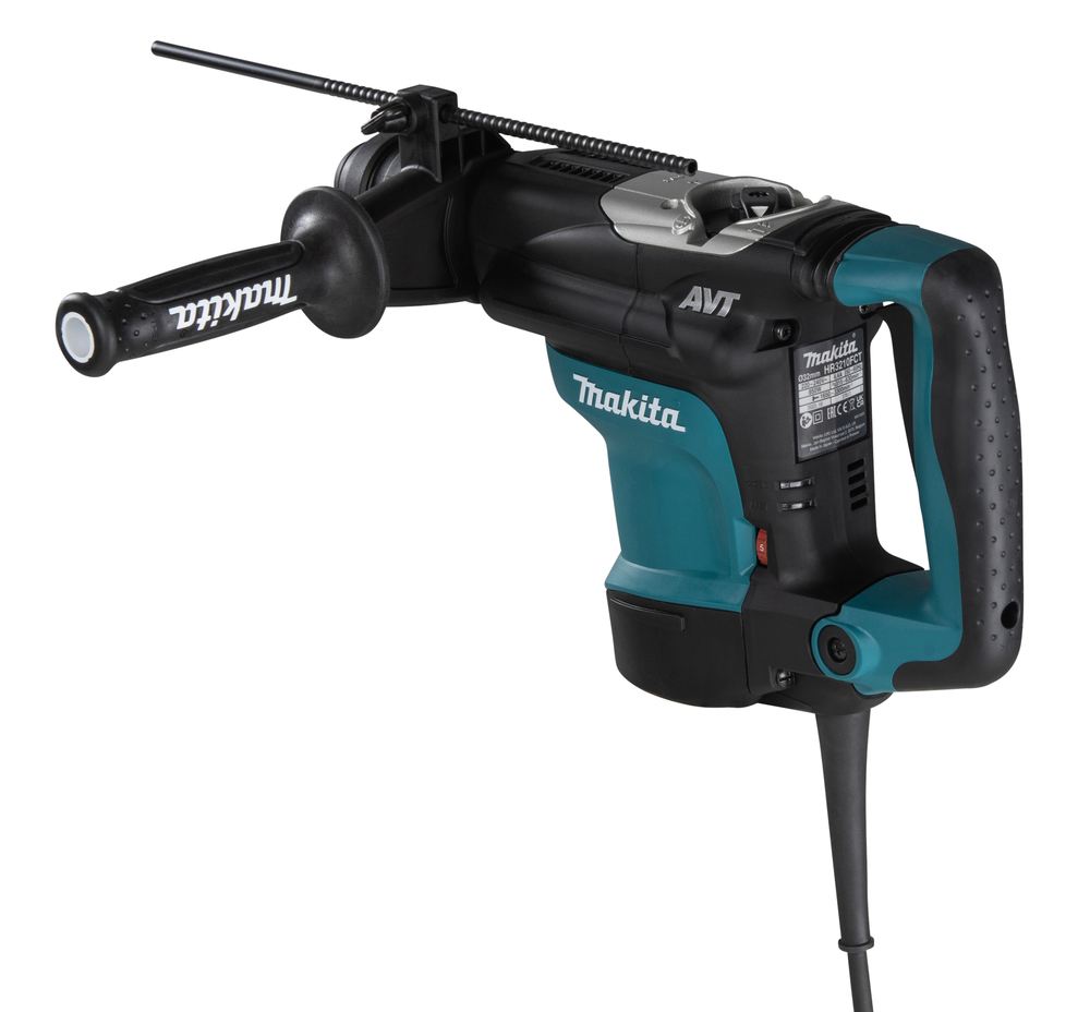 Pildil on Makita puurvasar HR3210FCT, millel on kaks käepidet, teal-roheline korpus ja mustad detailid.