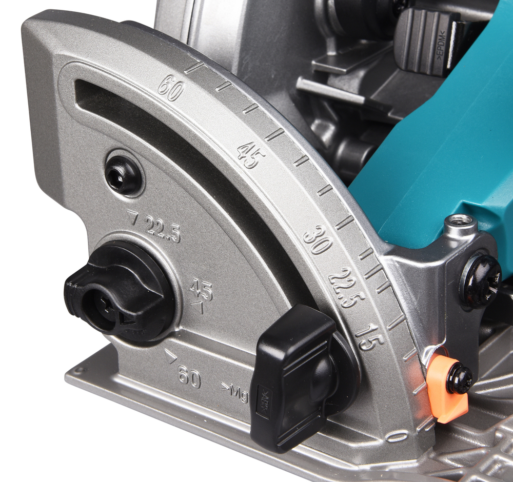 Pildil on detailid Makita akuketassaagi HS009GZ nurga reguleerimisest, näidates nurganäidikuid ja kinnitusi.