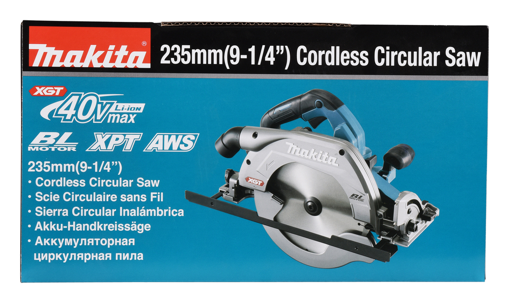 Pildil on Makita akuketassaagi HS009GZ karp, millel on näha sae pilt ja toote kirjeldus mitmes keeles.