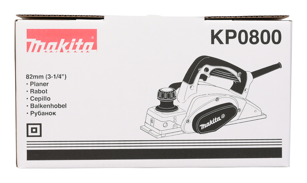 Pildil on Makita höövel KP0800J toote karp, millel on logo ja höövli joonis.