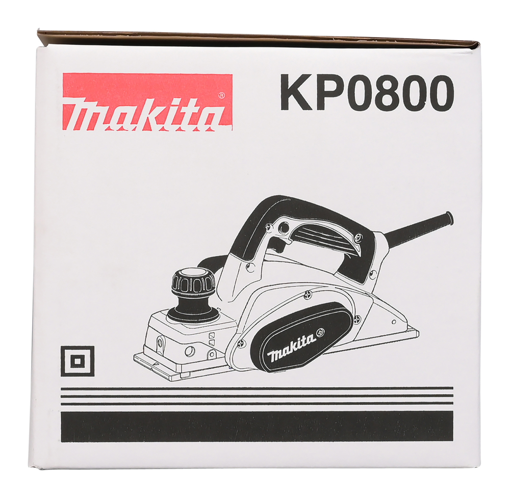 Pildil on valge karp, millel on Makita höövel KP0800J kujutis.