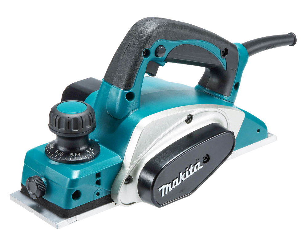 Pildil on Makita höövel KP0800J, millel on roheline ja must värvikombinatsioon ning näha on höövli reguleerimisnuppu ja...