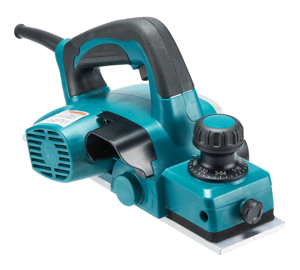 Pildil on Makita höövel KP0800J, millel on roheline ja must värvilahendus ning mida näeb küljelt.