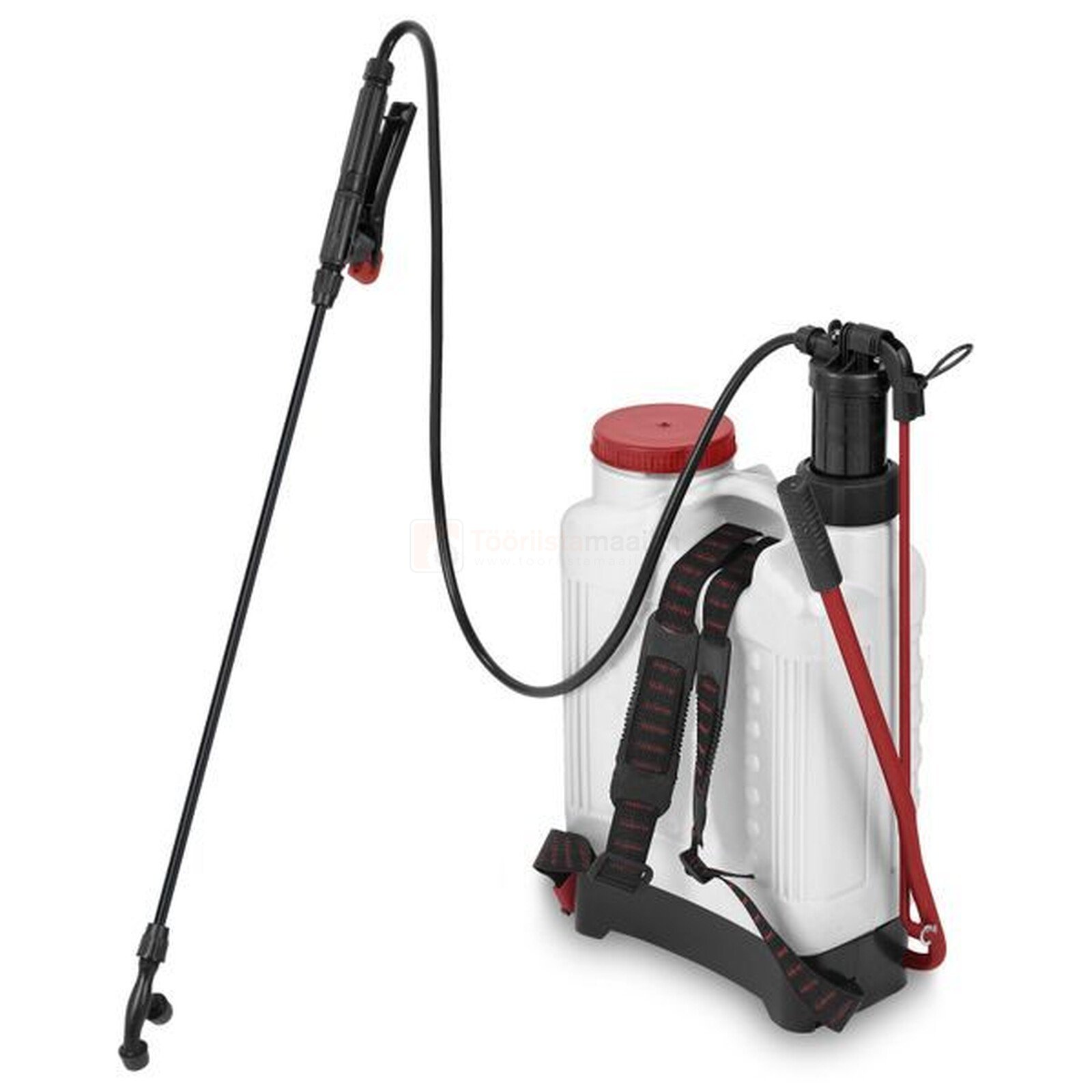 Pildil on näha Kreator 16 L aiaprits, millel on seljakott, pihusti ja voolik.