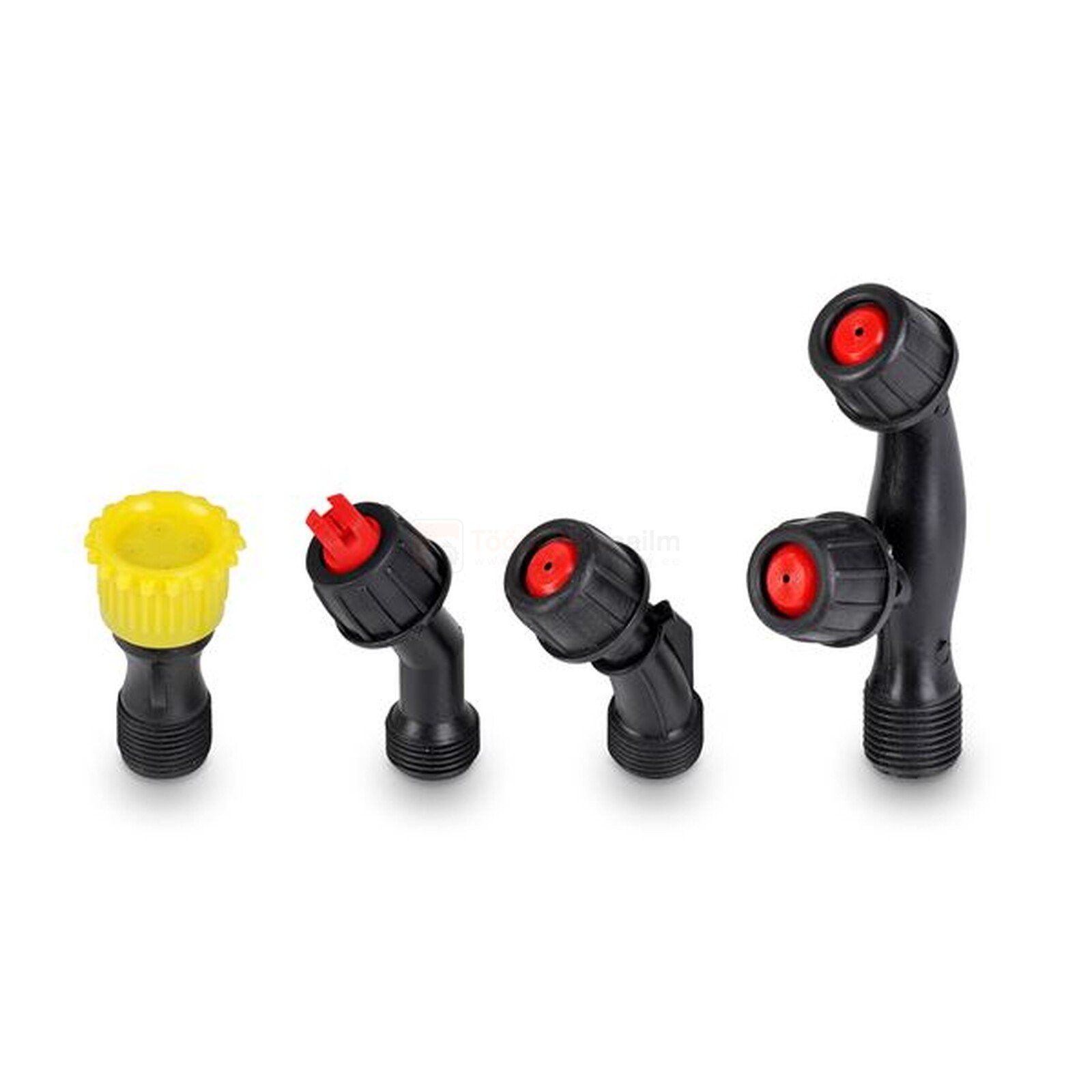 Pildil on näha mitmeid erinevaid pihustusotsikuid, mis kuuluvad Kreator 16 L aiapritsi komplekti.