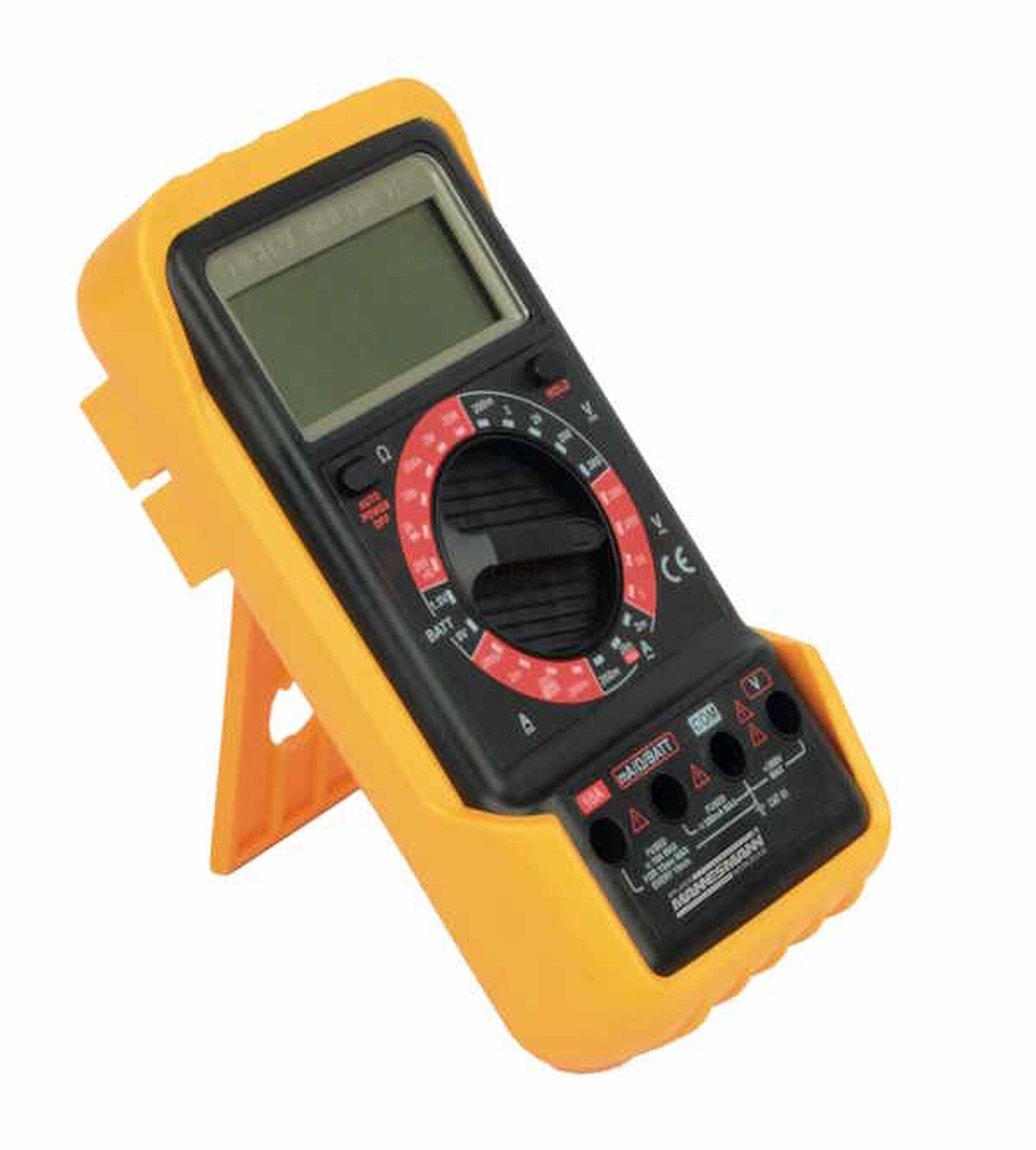 Pildil on kollases kaitseümbrises Mannesmann M99448 multimeeter, millel on suur ekraan ja keeratav valikunupp.