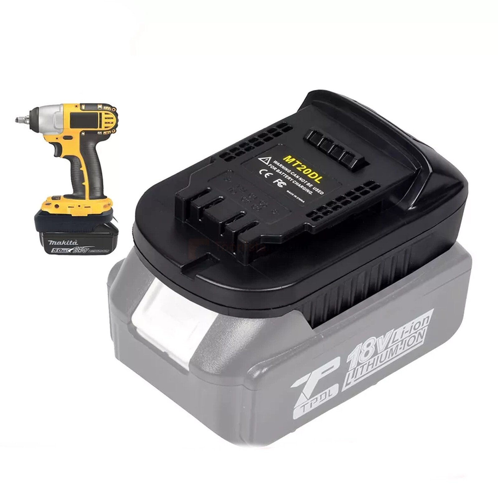 Pildil on akuadapter, mis võimaldab Makita 18V akut kasutada DeWalt 18V tööriistal, kusjuures puudub tööriist ise.