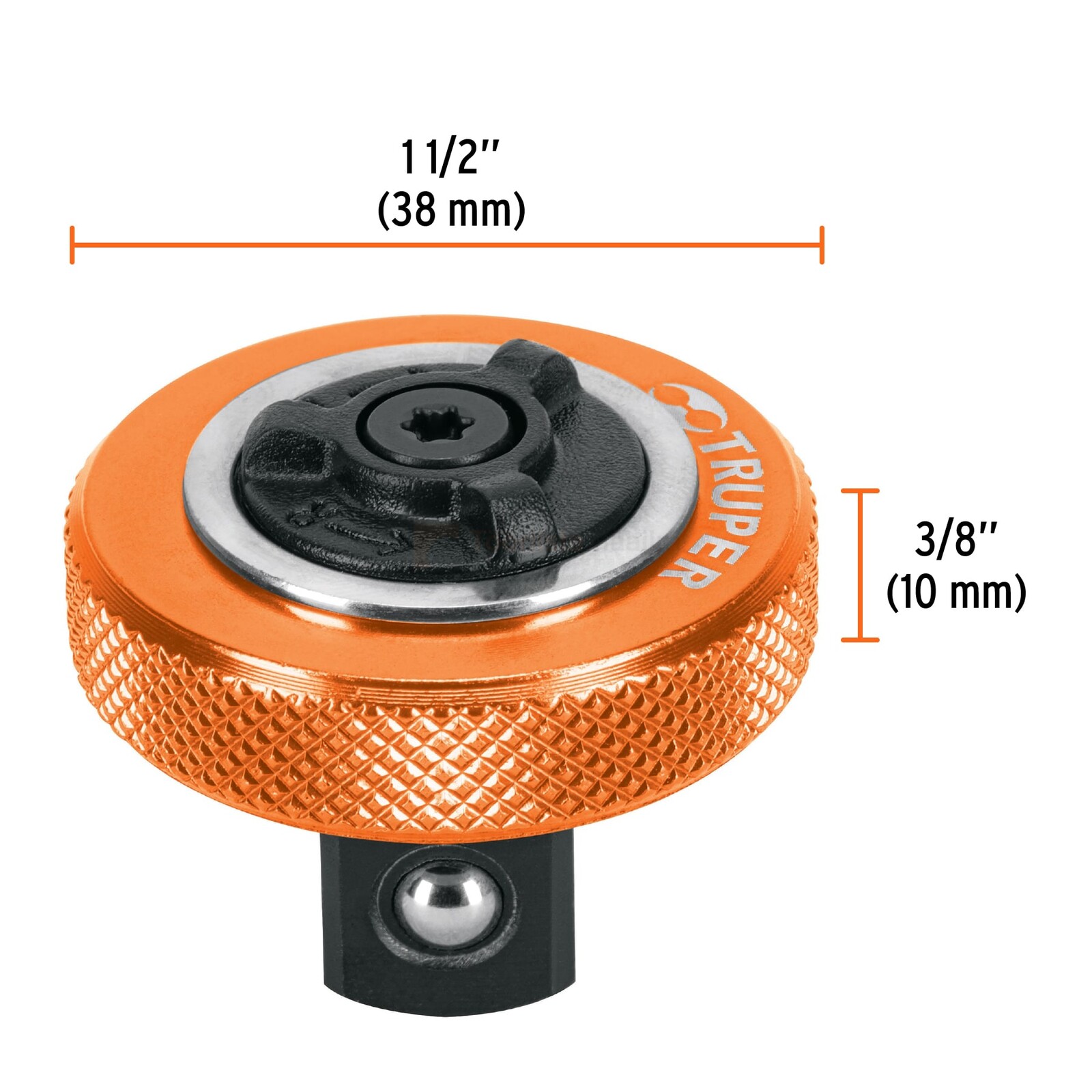 Pildil on Truper sõrmenarre 1/2", millel on oranž käepide, must pööratav pea ja mõõtmed on näidatud.