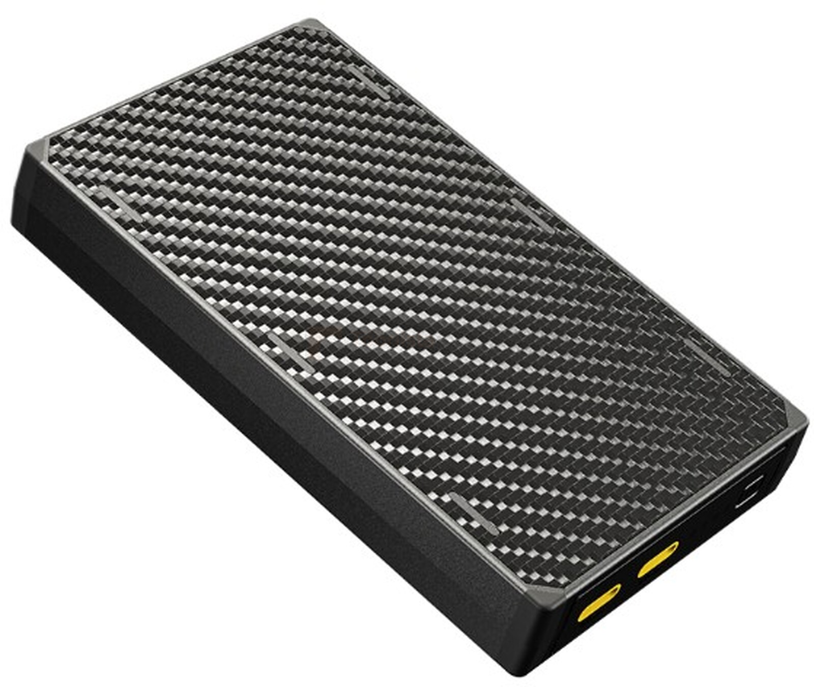 Pildil on Nitecore NB20000 Gen3, 20000mAh akupank, millel on süsinikkiust välimus ja mis on musta värvi.