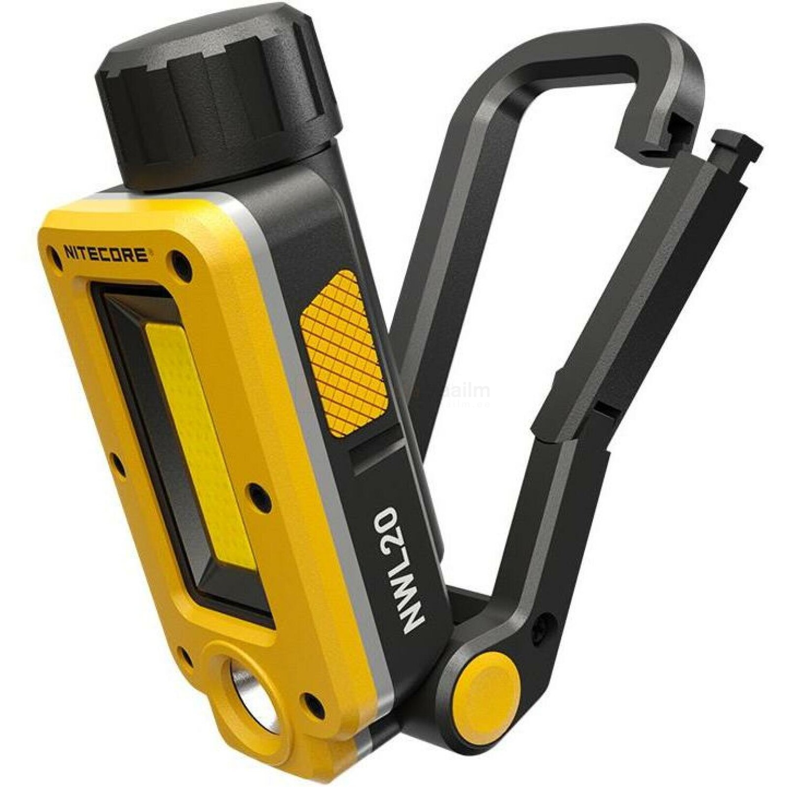 Pildil on näha kollane ja must NITECORE töövalgusti NWL20, mille küljes on karabiin.