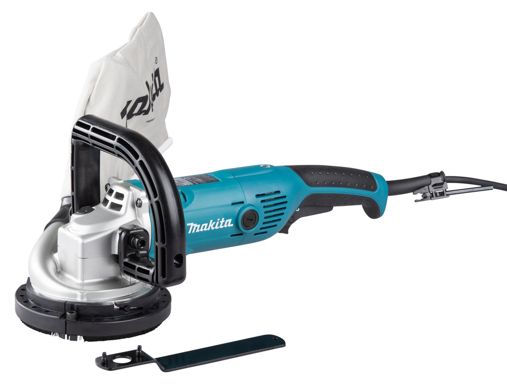 Pildil on Makita betoonilihvmasin NPC5000C koos tolmukotiga, mis on valmis betooni lihvimiseks ning on näha ka kruvivõti.