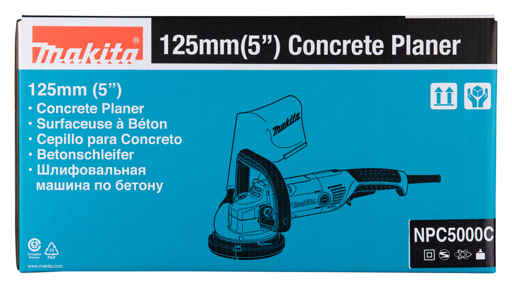 Pildil on sinisel taustal kujutatud Makita betoonilihvmasina NPC5000C karp, millel on näha masina joonis, toote nimetus...