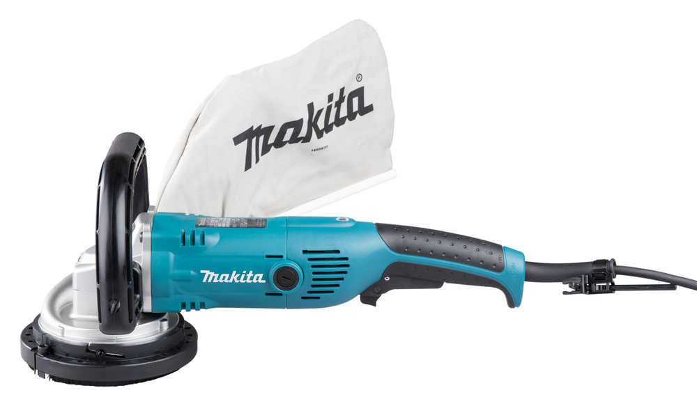 Pildil on Makita betoonilihvmasin NPC5000C, millel on kinnitatud tolmukott ja küljel asuv käepide.