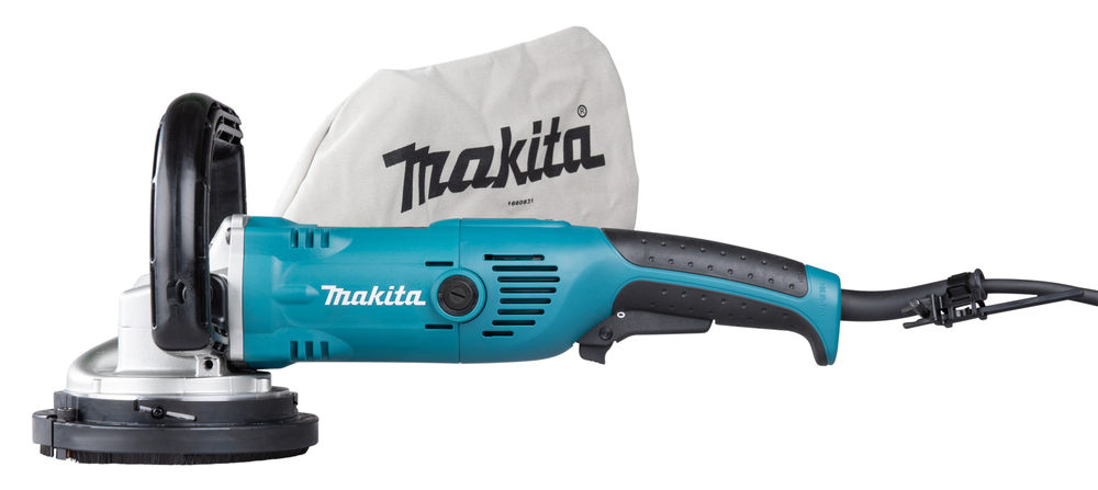 Pildil on Makita betoonilihvmasin NPC5000C, millel on kinnitatud tolmukott ja juhe.