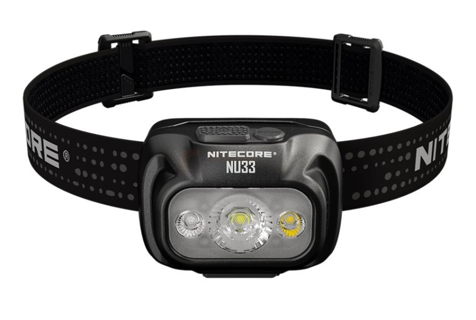 Pildil on must NITECORE pealamp NU33, mis paistab silma valge ja punase valgusega ning on kinnitatud peapaelaga.