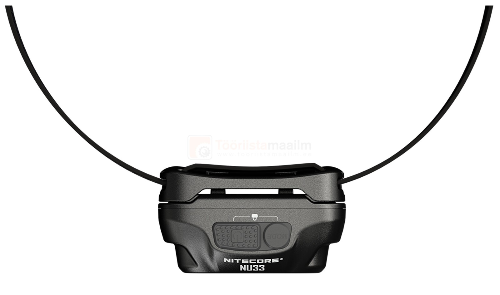 Pildil on must NITECORE NU33 pealamp, mis paistab olevat valge ja punase valgusega.