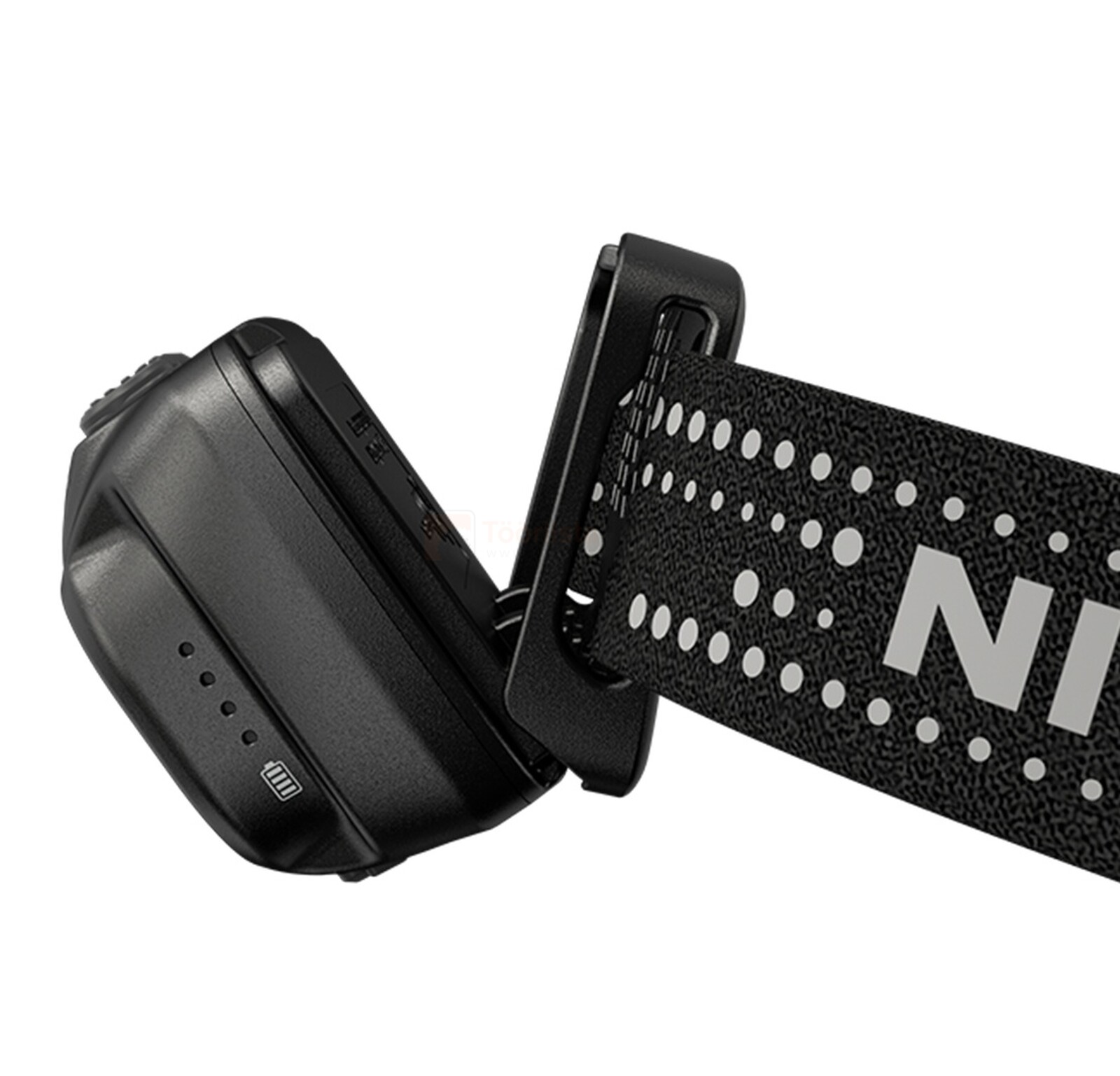 Pildil on must Nitecore pealamp NU33, millel on valge ja punane valgus, koos peapaelaga.