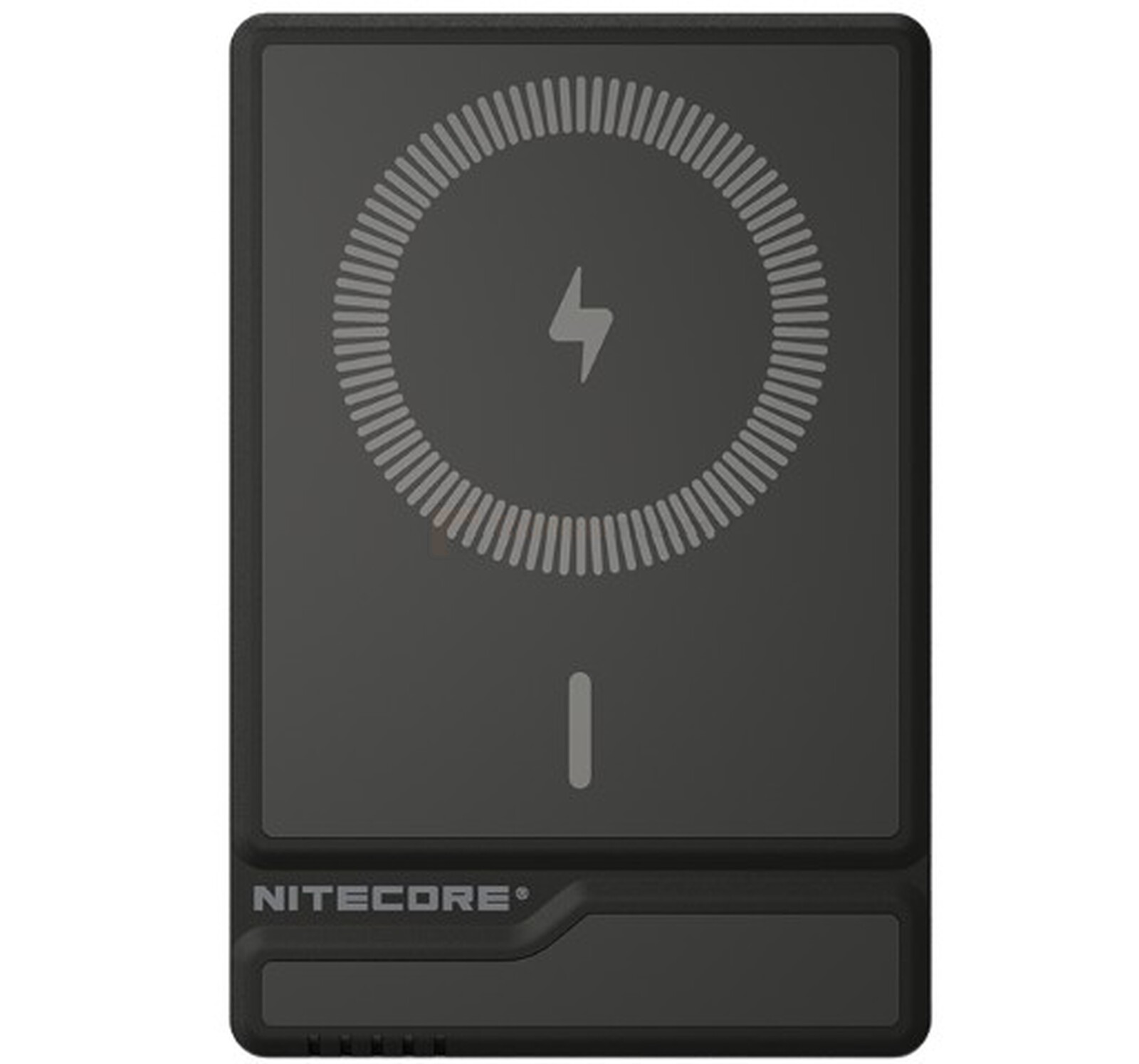 Pildil on must NITECORE magnetiga kinnituv akupank NW5000, millel on peal magnetlaadimise tähis ja allpool aku laetuse...