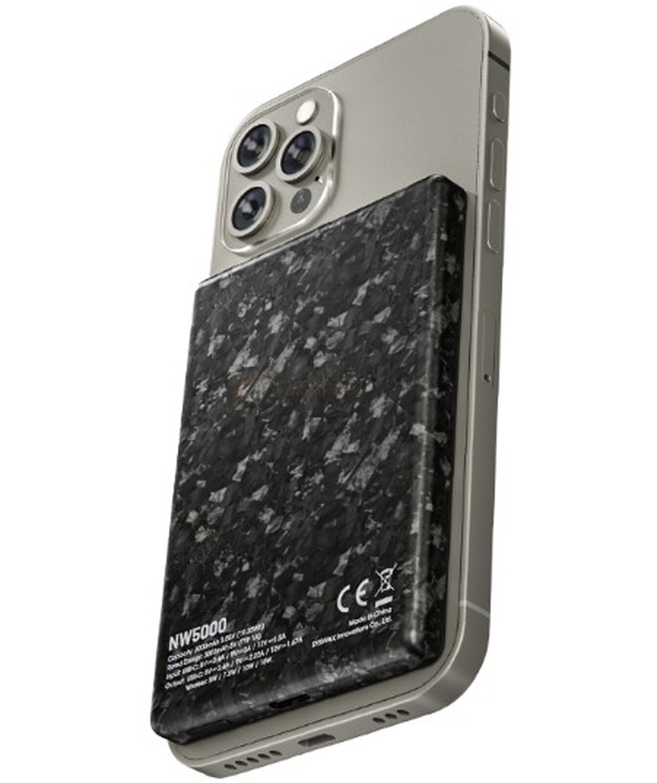 Pildil on iPhone'i külge kinnitatud NITECORE magnetiga kinnituv akupank NW5000, millel on must muster ja mis näeb välja...