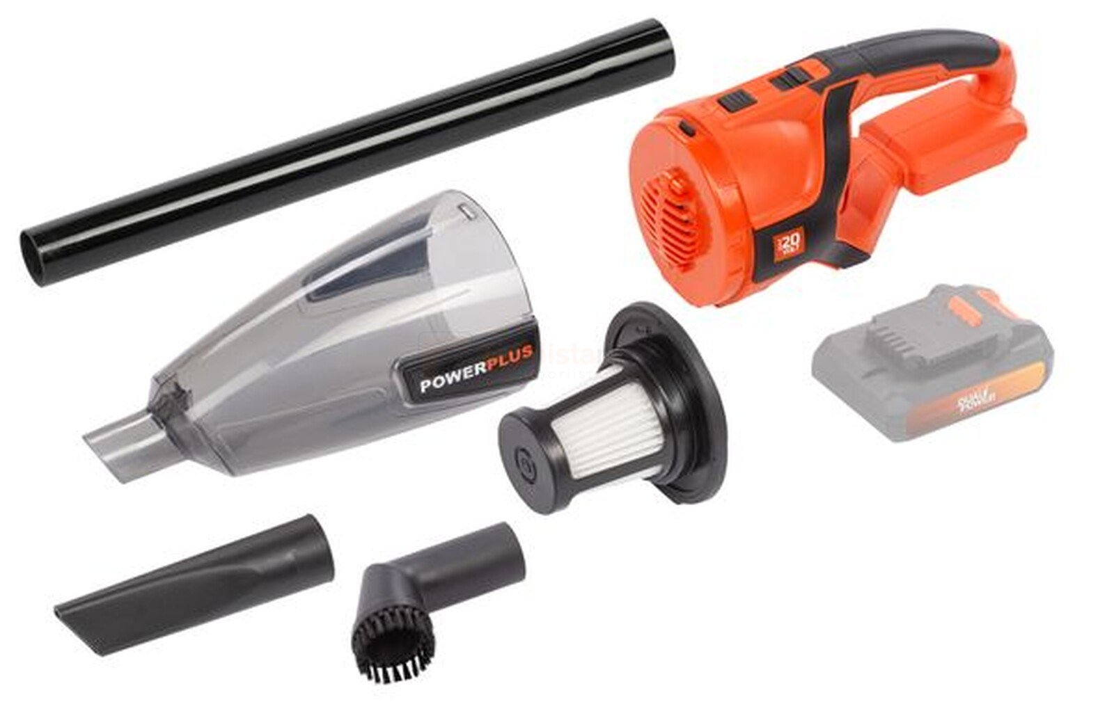 Pildil on Powerplus Dualpower akutolmuimeja POWDP6030, mis sisaldab tolmuimeja põhiosa, erinevaid otsikuid, pikendustoru...