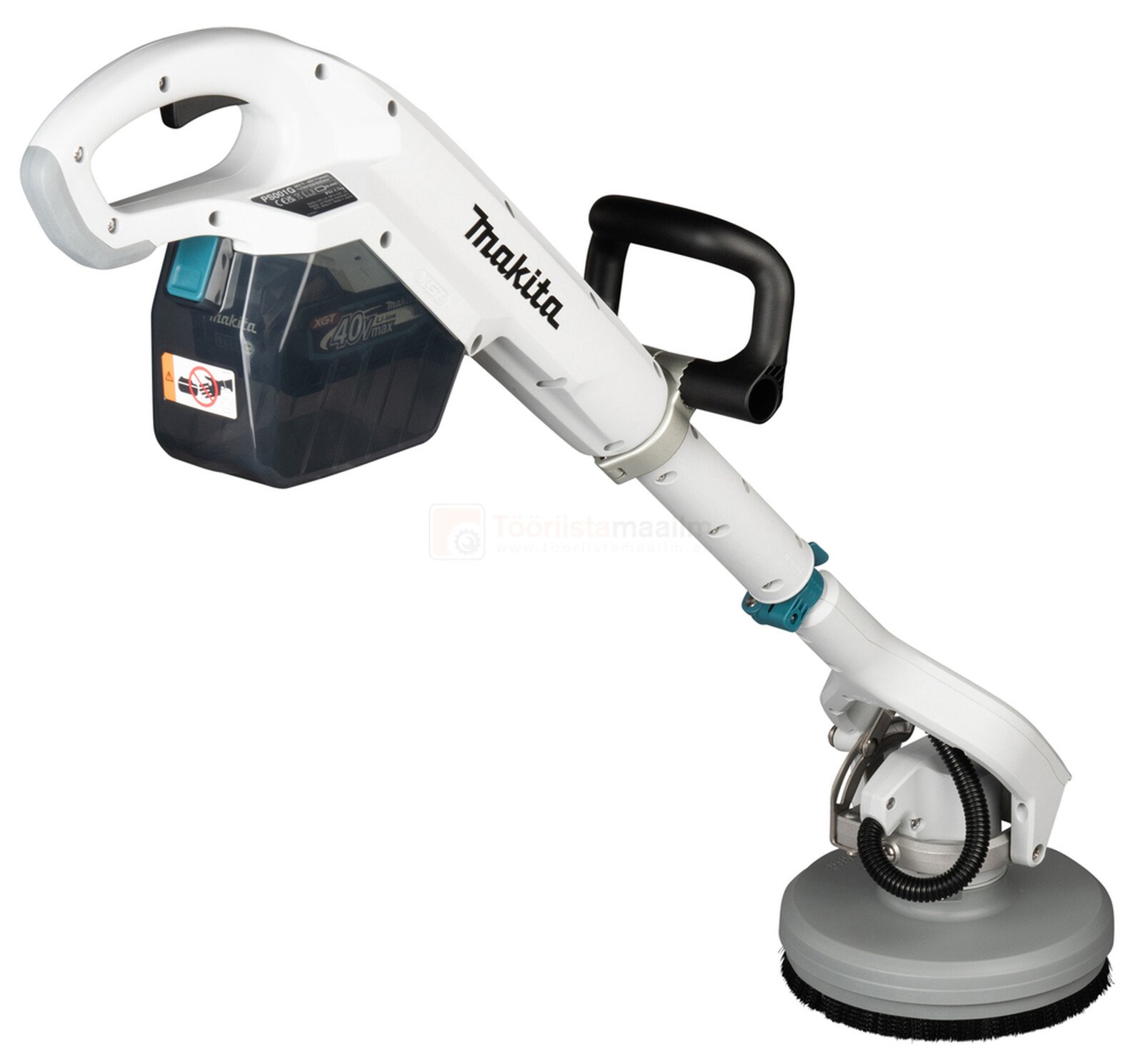 Pildil on Makita akutoitel põrandahooldusmasin PS001GZ, millel on valge korpus, must käepide ja hall ketas.