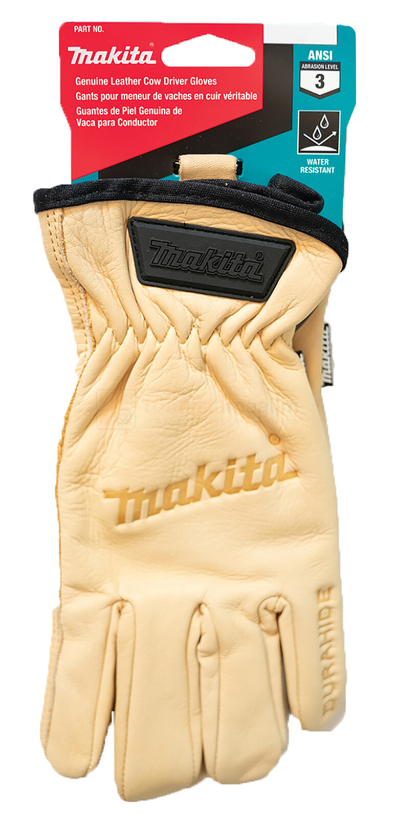 Pildil on Makita nahast töökindad, mis on pakitud ja riputatud.