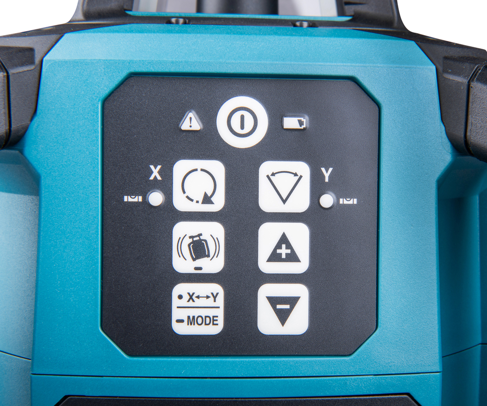 Pildil on detailne vaade Makita akupöördlaser SKR001Z juhtpaneelile, kus on näha erinevaid nuppe ja märgutulesid.