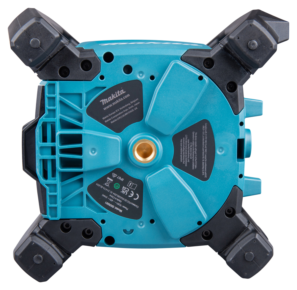 Pildil on näha Makita akupöördlaser SKR001Z-i tagakülge koos tootja teabega, toote spetsifikatsioonidega ja tugijalgadega.