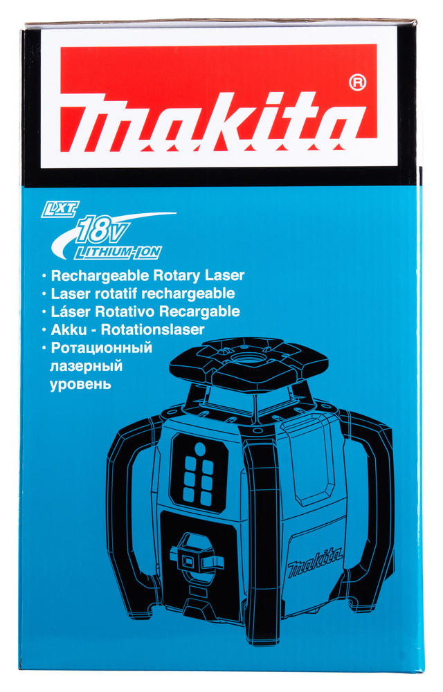 Pildil on sinisel taustal kujutatud Makita akupöördlaseri karp, millel on näha toote nimetus, tehnilised andmed ja joonis...