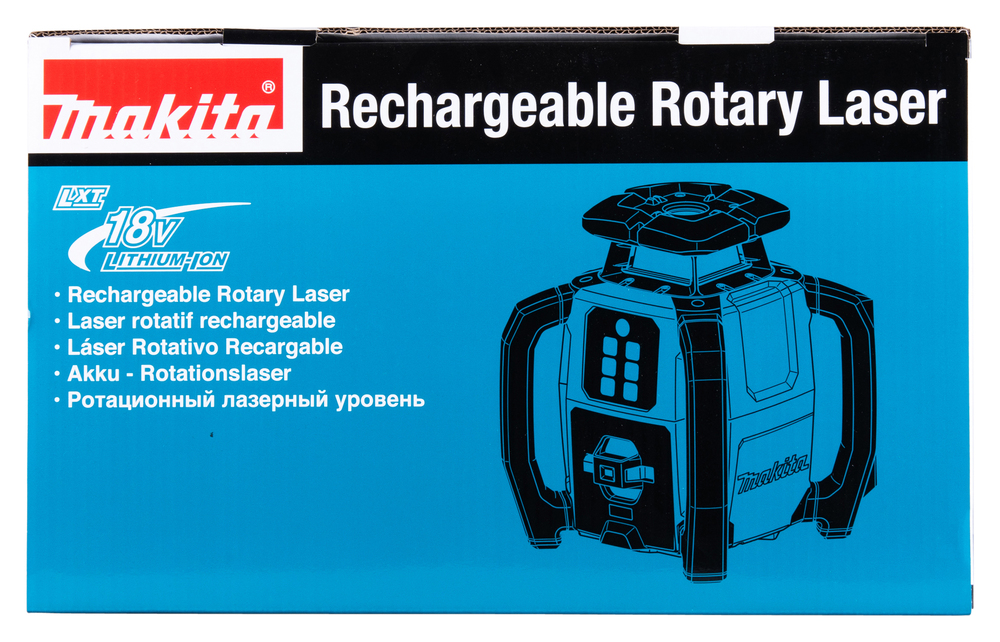 Pildil on sinisel taustal kujutatud Makita akupöördlaseri karp, millel on näha toote joonis ja kirjeldused.