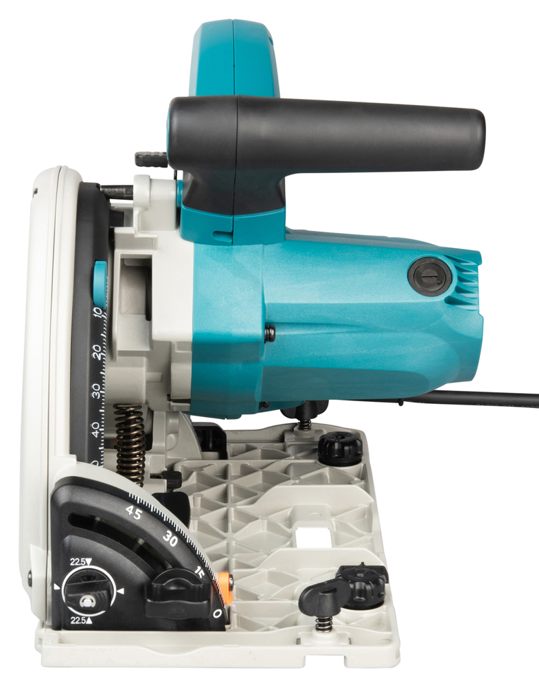 Pildil on külgvaade Makita SP6000J ketassaest, kus on näha sae korpus, reguleerimismehhanismid, ning tera kaitse.