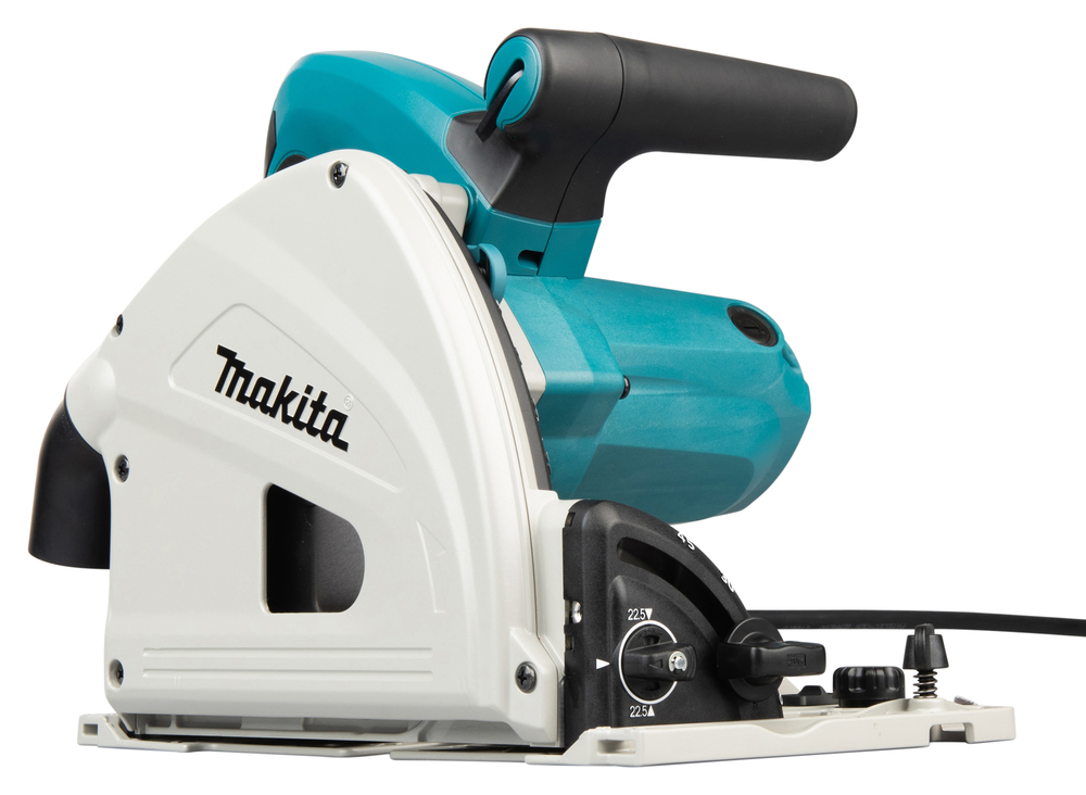 Pildil on Makita ketassaag SP6000J, mis on valge ja türkiissinise värviga ning millel on must käepide ja reguleerimisnupud.