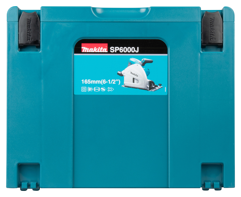 Pildil on Makita SP6000J ketassaagi hoidmise karp, millel on Makita logo ja saagi spetsifikatsioonid.