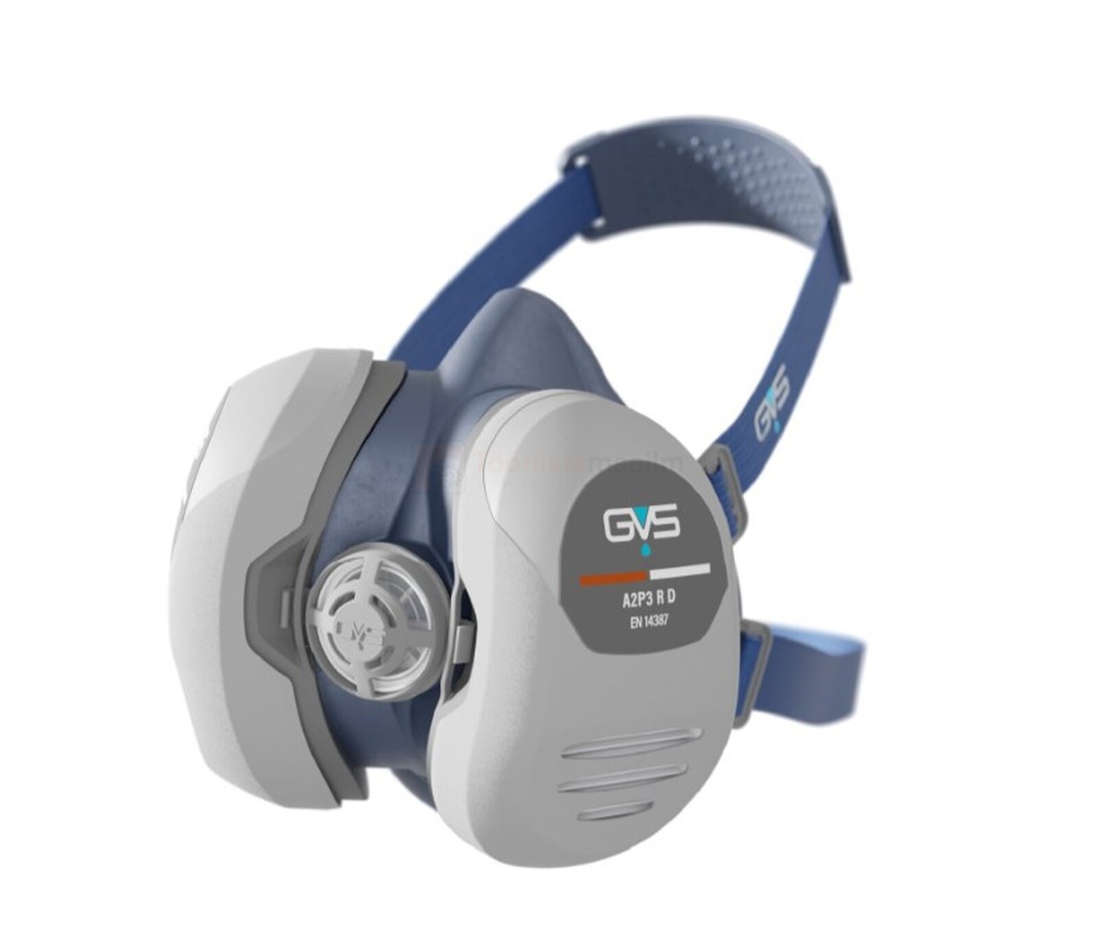 Pildil on GVS Elipse SPR213L poolmask A2P3 filtritega, suurus S/M, millel on näha maski korpus, filtrid ja peapael.