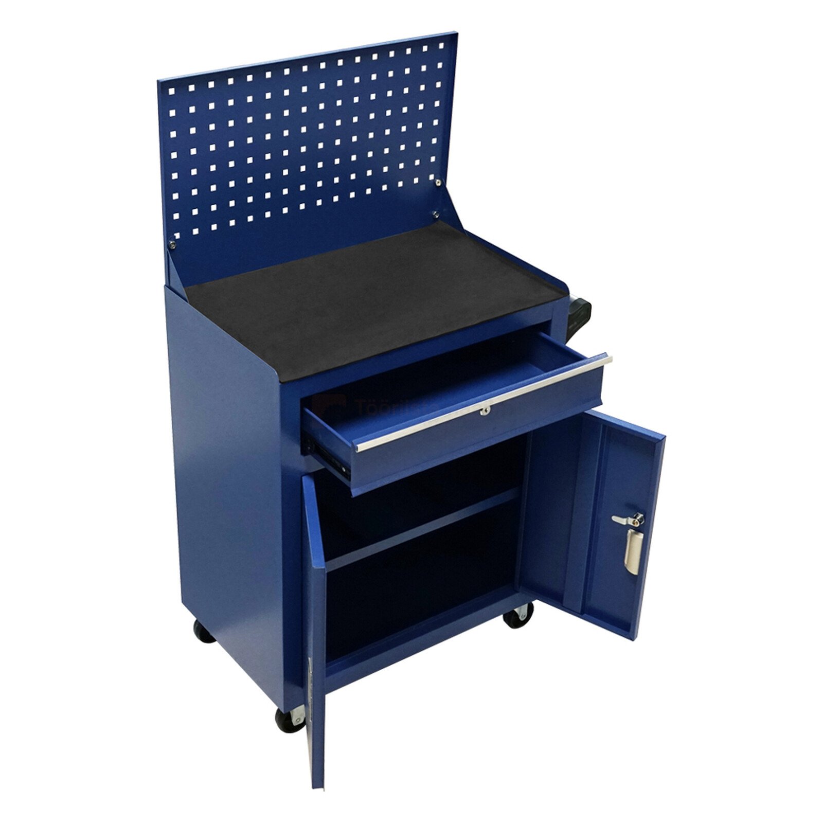 Pildil on sinine tööriistakäru, millel on üks sahtel, kapp ja perforeeritud tagasein, kuid puudub tööriistakäru täpne mudel.