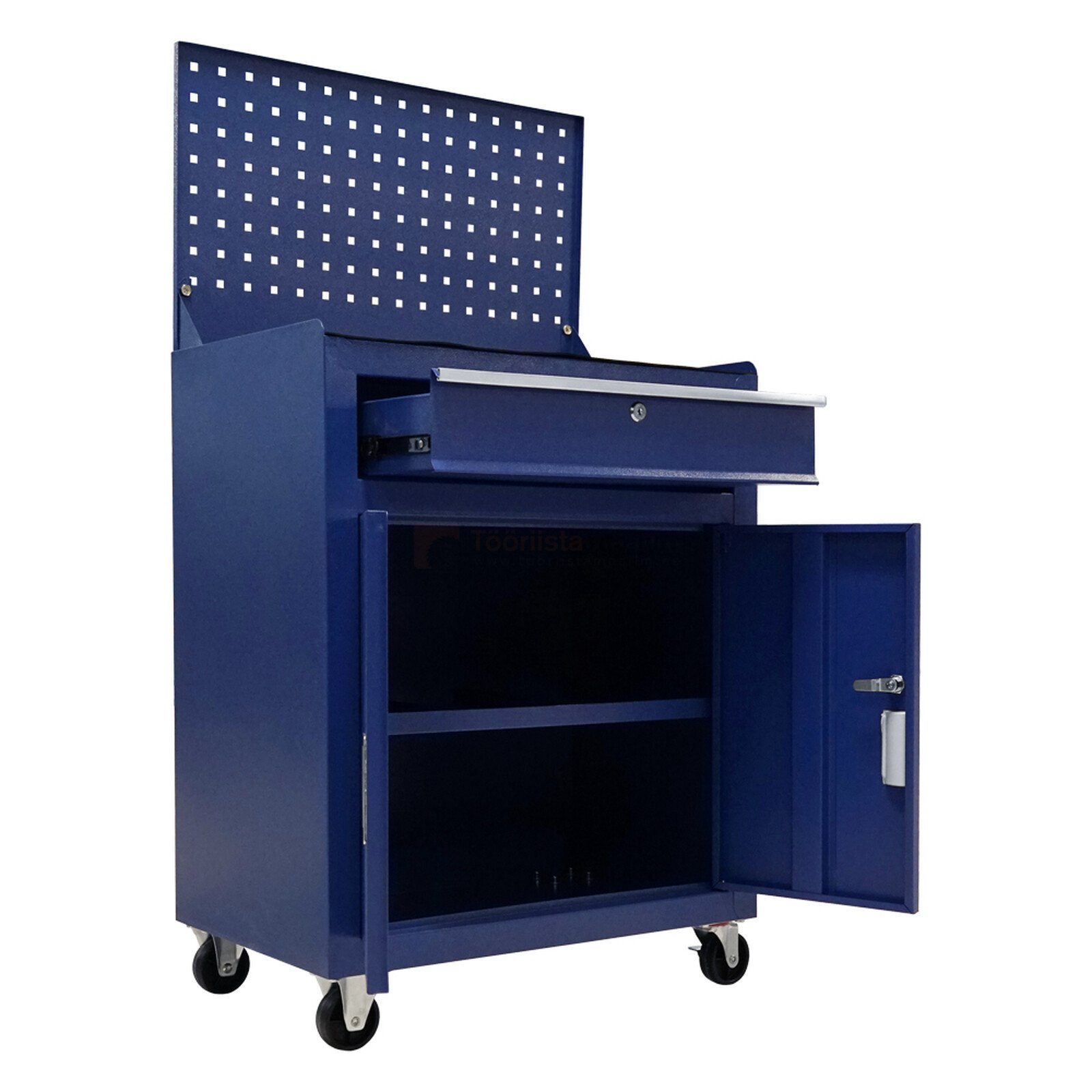 Pildil on sinine tööriistakäru, millel on üks sahtel, kapp, perforeeritud tagasein ja rattad.
