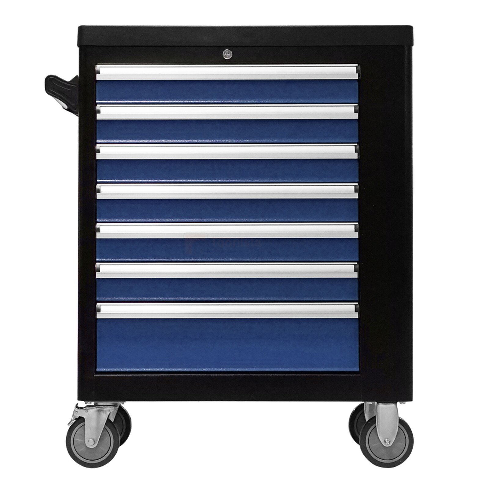 Pildil on musta värvi tööriistakäru, millel on seitse sahtlit, rattad ja käepide.