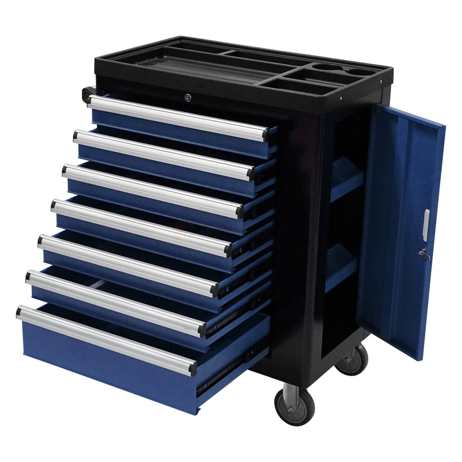 Pildil on musta ja sinise värviga tööriistakäru, millel on seitse sahtlit ja külgmine kapp, kuid puudub teave selle...