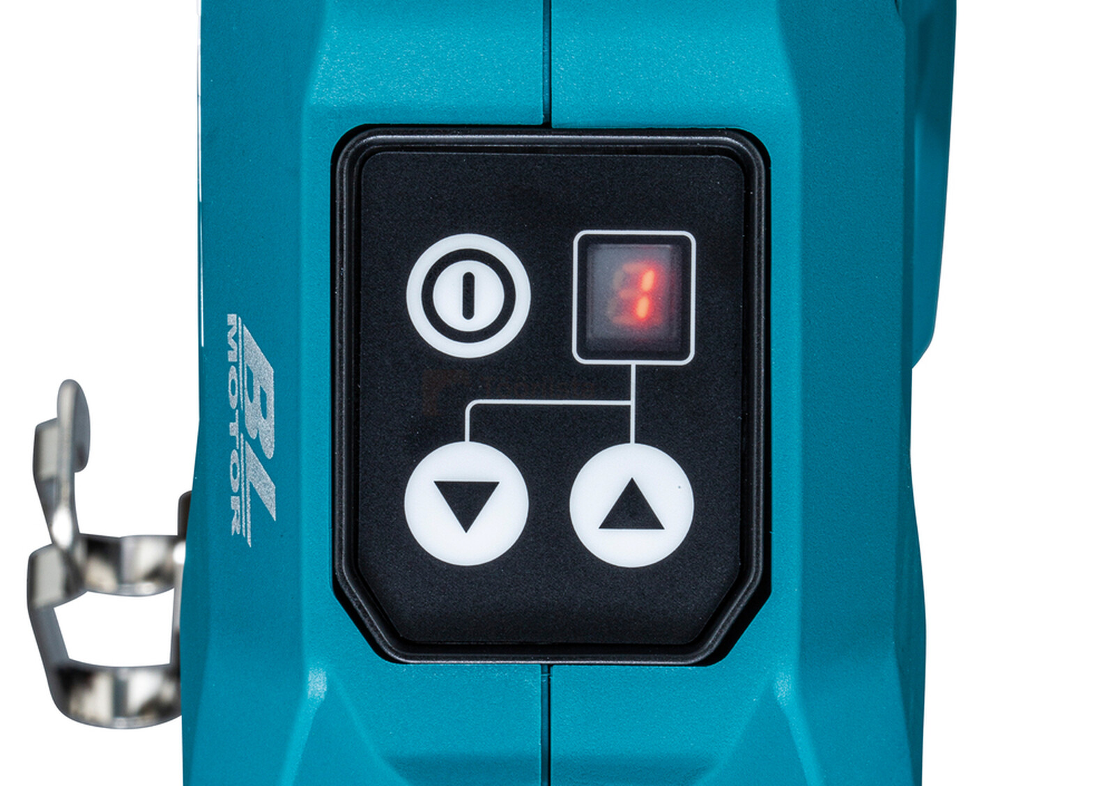 Pildil on Makita akuarmatuurisiduja TR001GZ juhtpaneel, mis sisaldab sisse/välja nuppu, kiiruse reguleerimise nuppe ja...