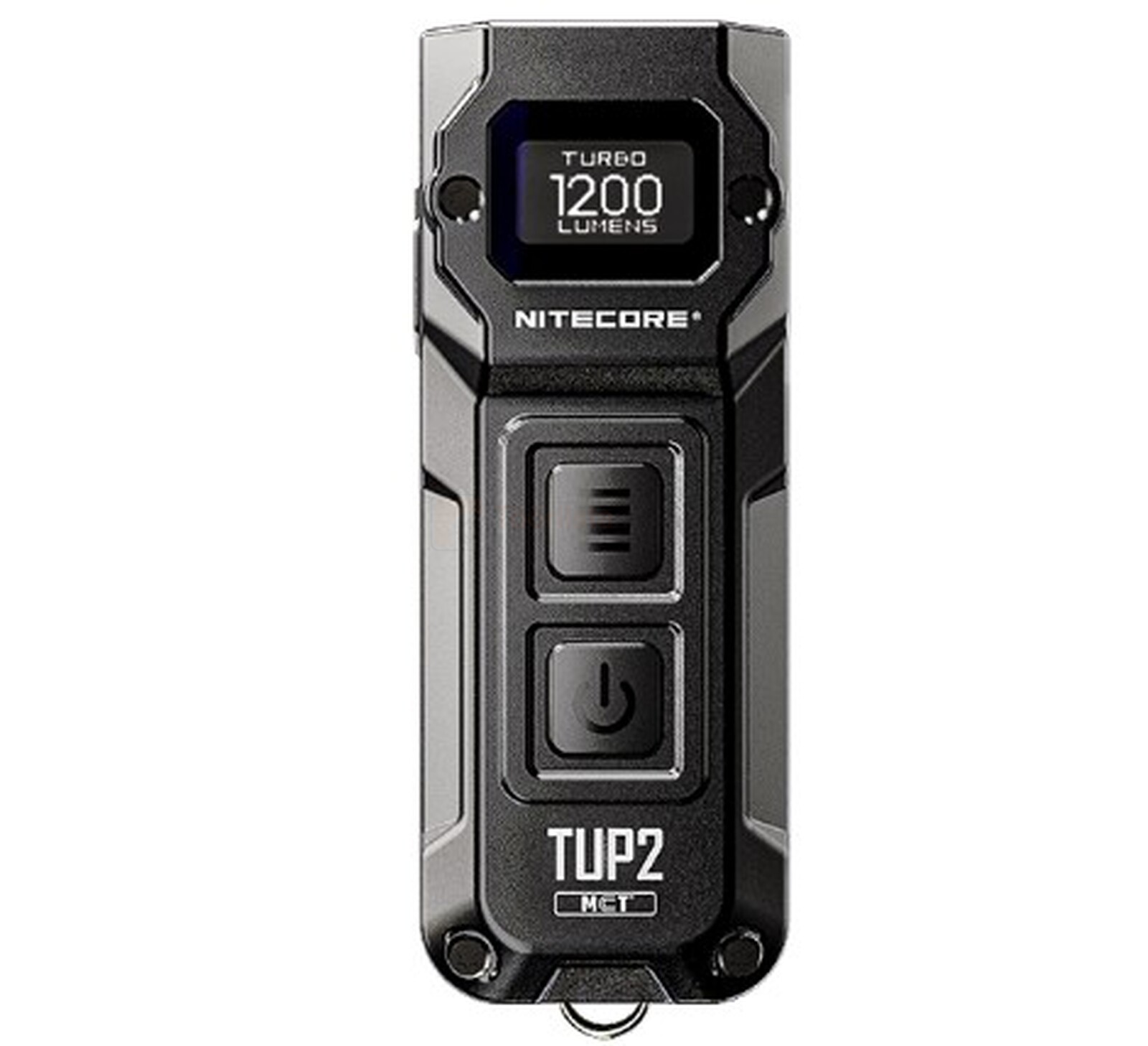 Pildil on must NITECORE taskulamp-võtmehoidja TUP2, millel on ekraan, mis näitab 1200 luumenit.