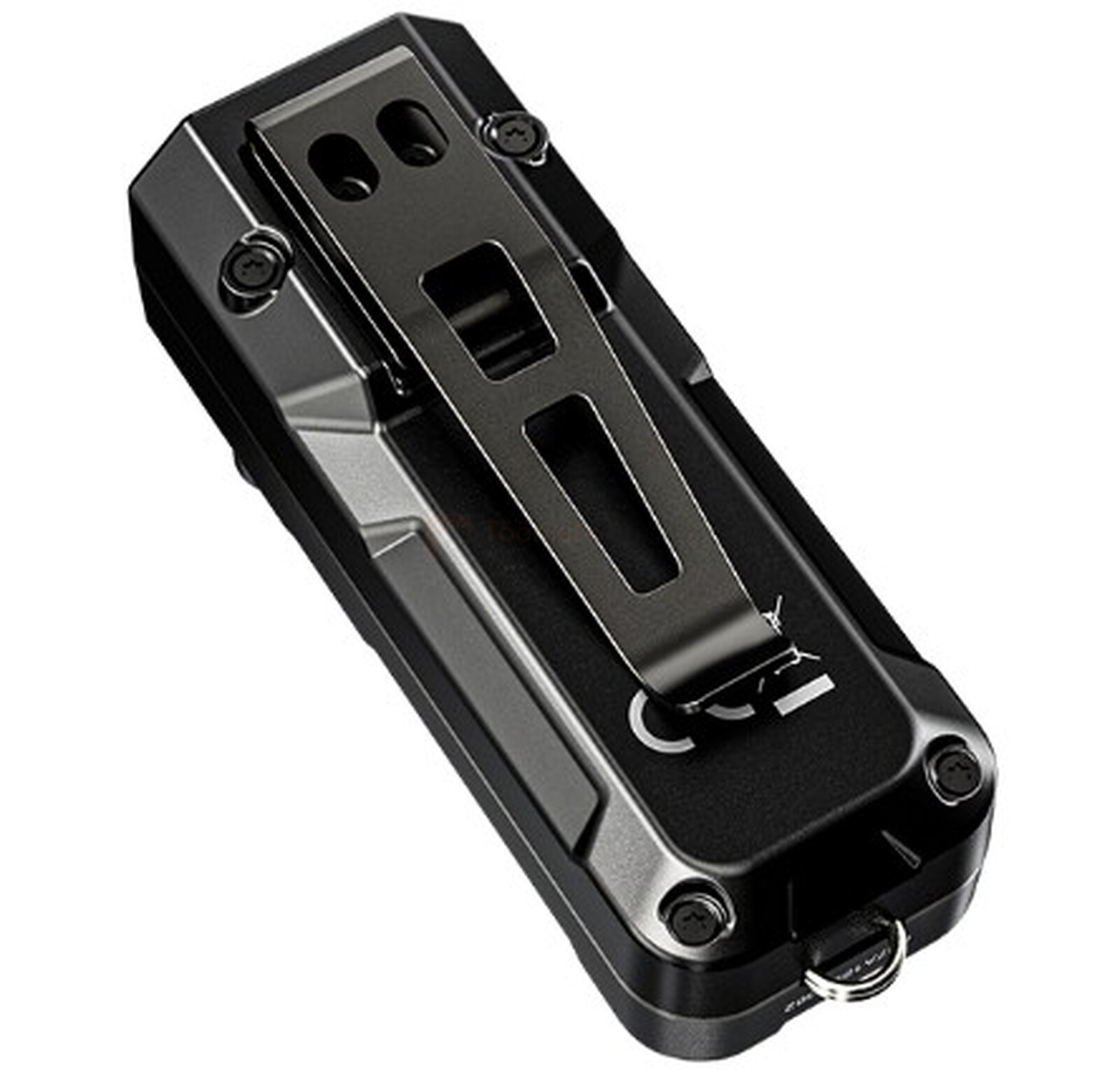 Pildil on must Nitecore taskulamp-võtmehoidja TUP2, millel on külge kinnitatud vööklamber.