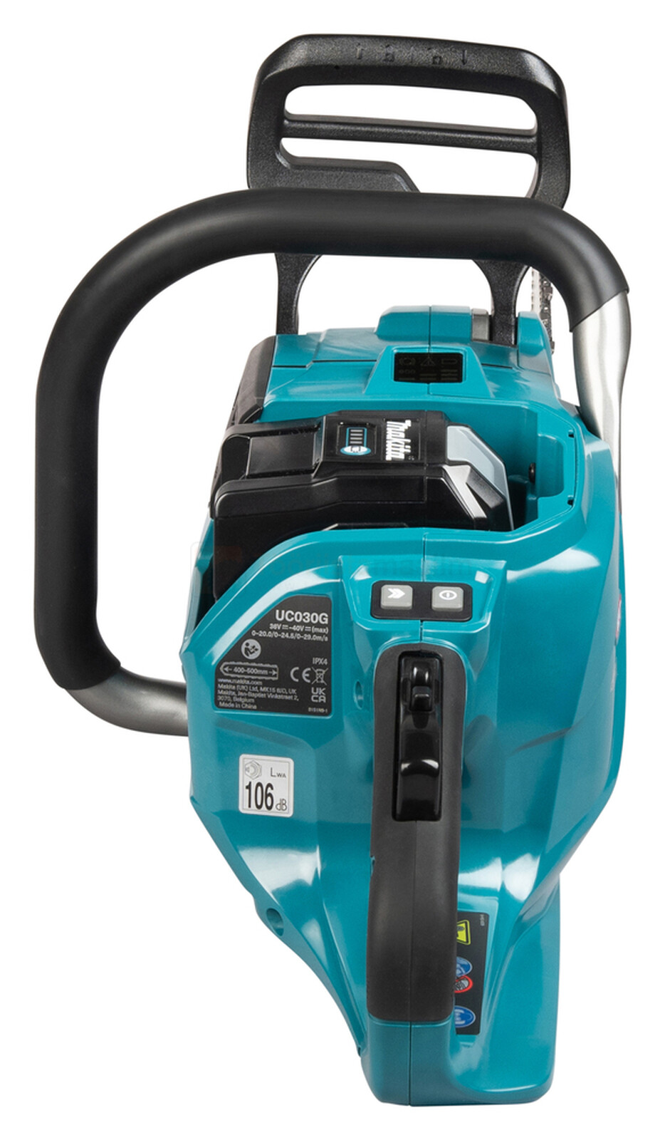 Pildil on Makita akukettsaag UC030GZ01, XGT, millel on näha sae korpus, käepidemed ja aku pesa.