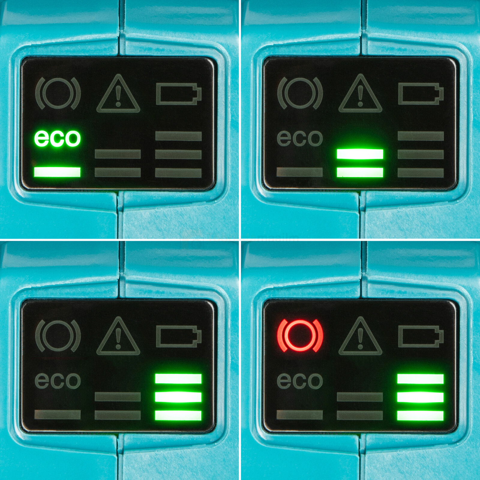 Pildil on Makita akukettsaag UC030GZ01, XGT, mille ekraanil on näha erinevaid olekuid, sealhulgas "eco" režiim, aku...