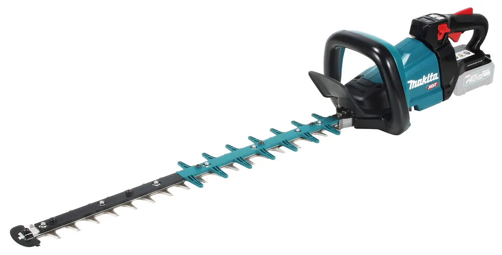 Pildil on Makita akuhekilõikur UH004GZ XGT, mis on valge taustaga pildistatud ja näitab tööriista kogu oma ulatuses.
