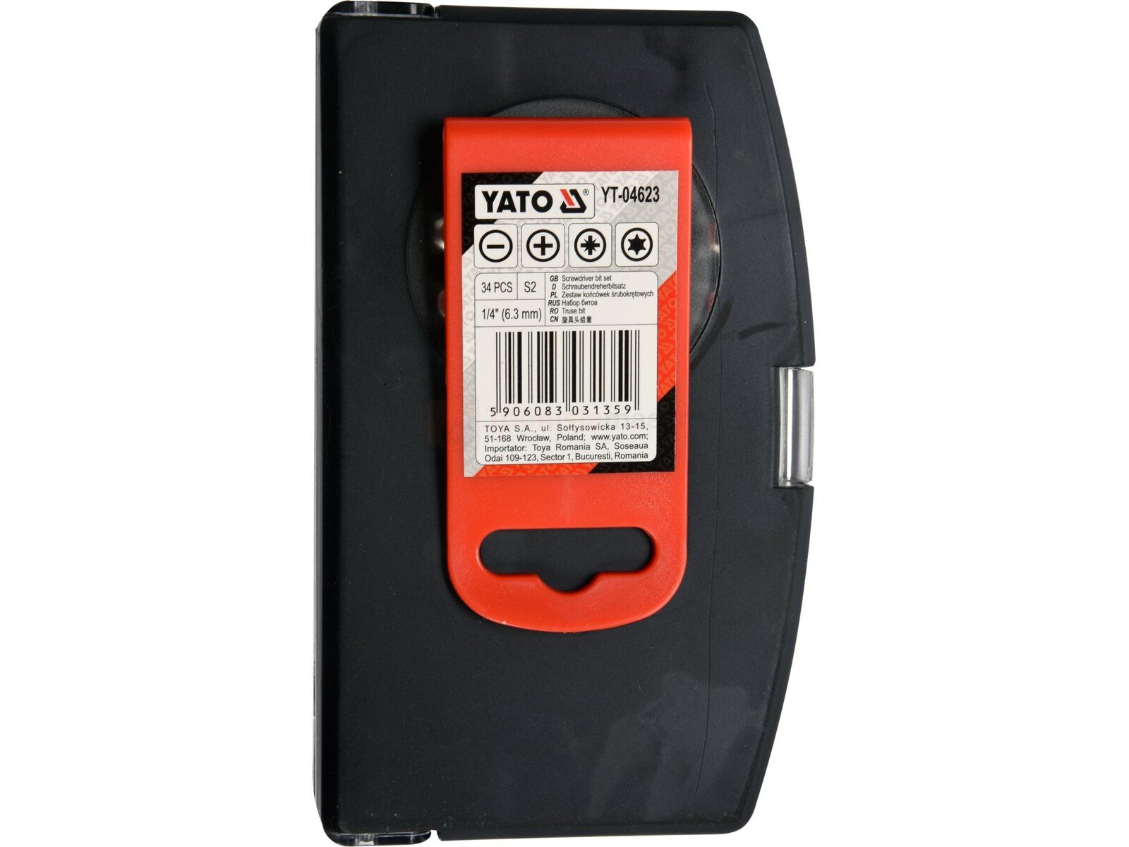 Pildil on mustas karbis YATO 34-osaline otsakute komplekt, millel on peal punane silt.