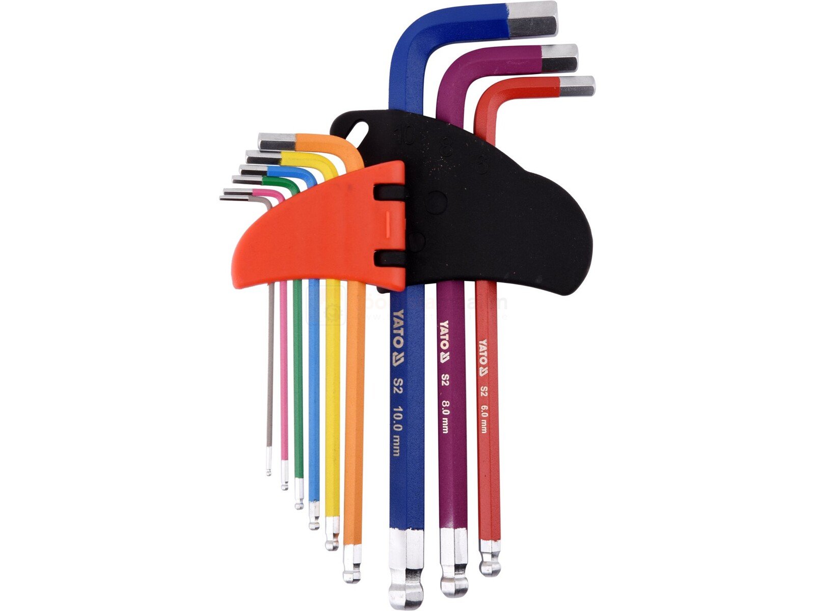 Pildil on YATO kuuskantvõtmete komplekt, mis sisaldab 9 värvikoodiga kuulpeaga kuuskantvõtit suuruses 1,5-10 mm.