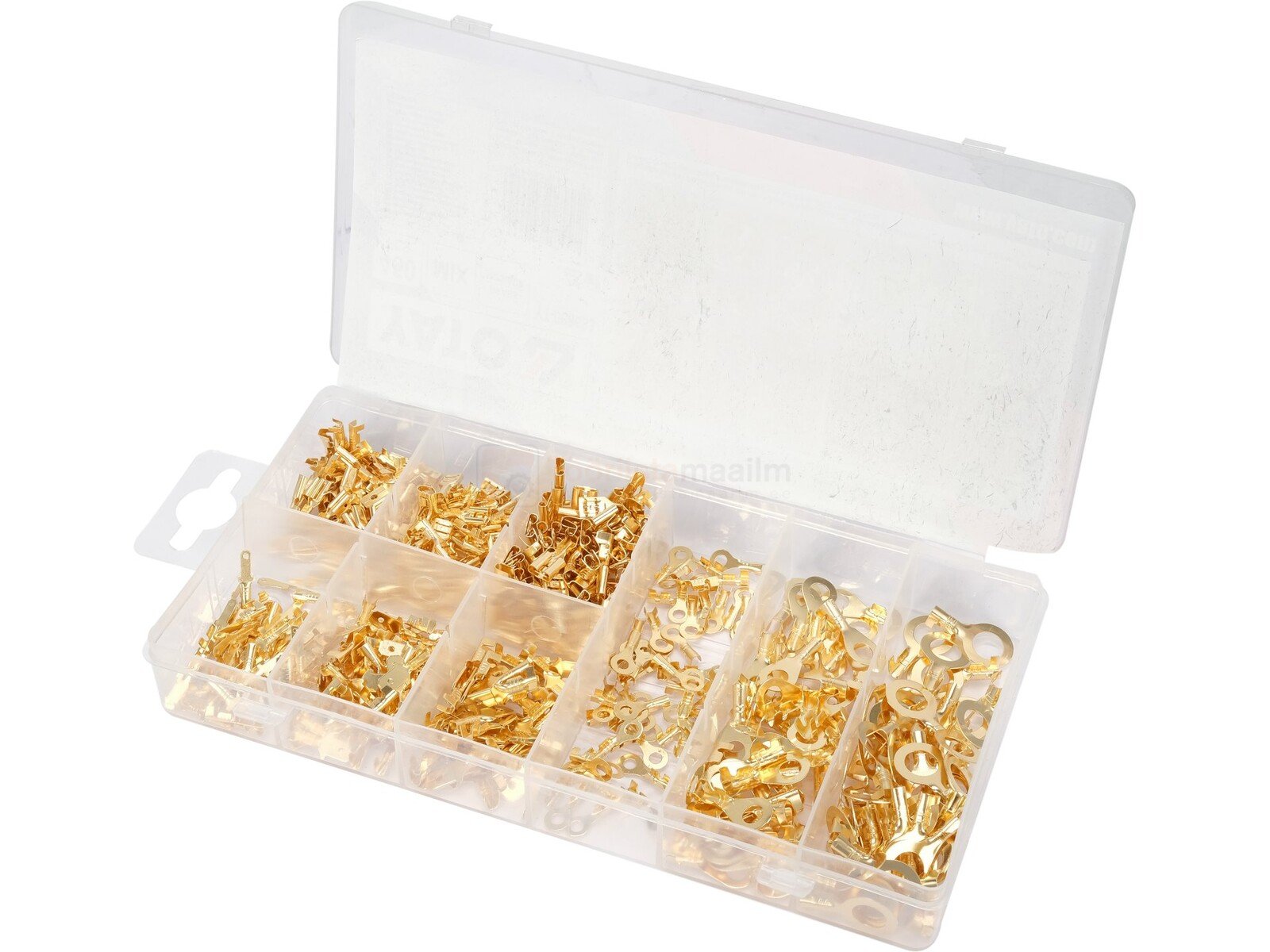 Pildil on YATO elektriliitmike komplekt sõidukitele, mis sisaldab 450 erinevat tüüpi liitmikku läbipaistvas karbis.