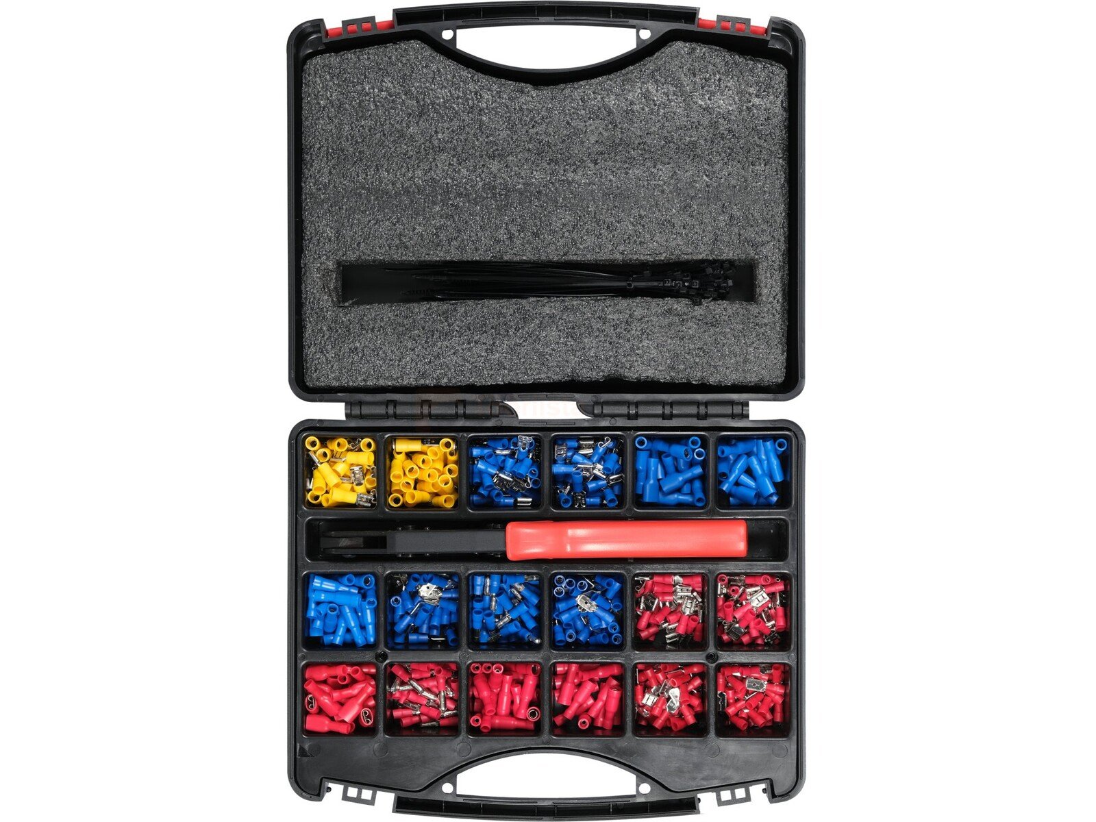 Pildil on avatud Yato presstangide komplekt, mis sisaldab presstange, erinevaid hülsse ja kaablisidemeid.